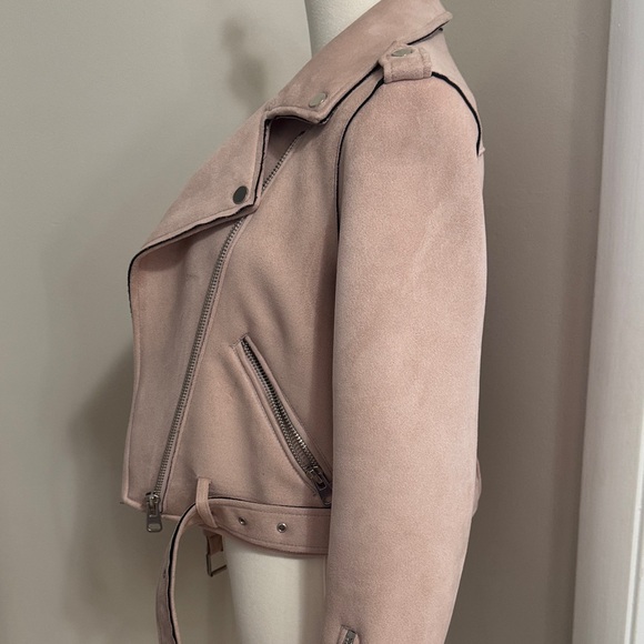 Womenβs Zara Basic Light Pink Faux Blush Faux Suede Zip Up Moto Jacked Size M - Picture 5 of 16
